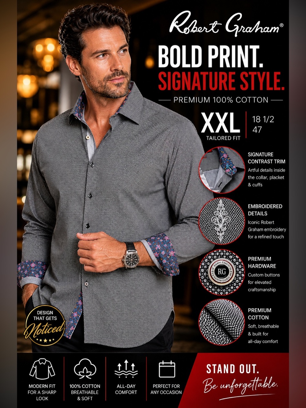 Robert Graham Men’s Gray Button-Down Shirt with Floral Trim